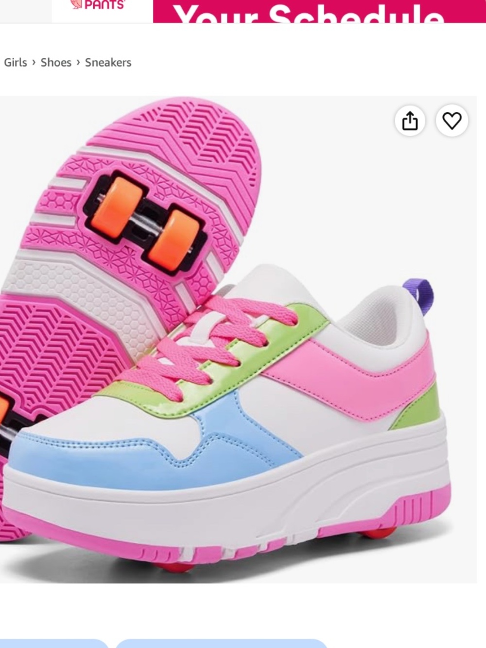 Roller Skate Shoes for Kids Girls  Detachable Wheeled Sneakers Sz. US 2